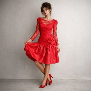 Vintage 80s Red Prom Dress Size 5 Lace Taffeta Bow Drop Waist Hi Low Formal